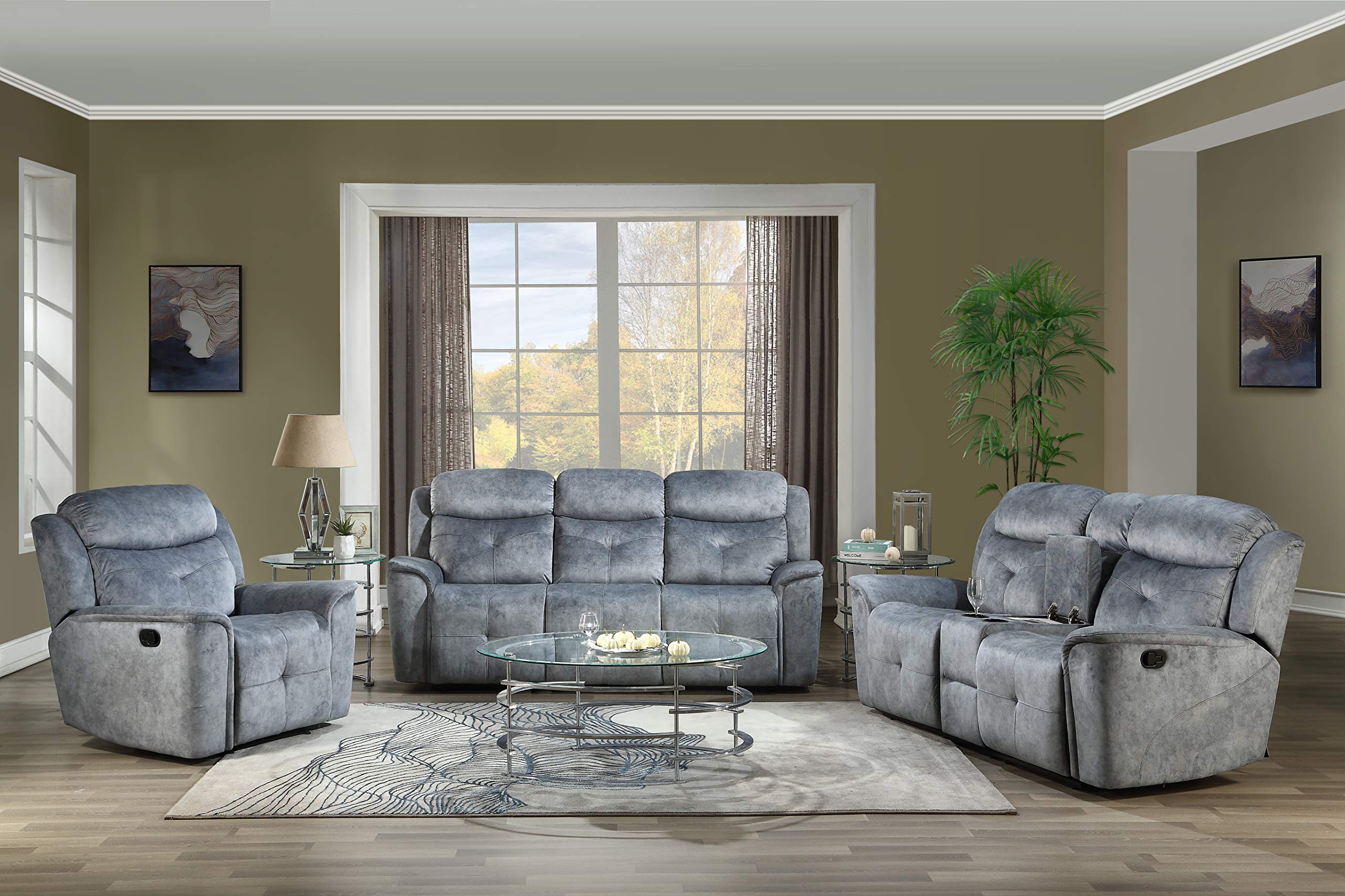 Acme Mariana Fabric Buttonless Tufted Motion Reclining Sofa In Silver Gray